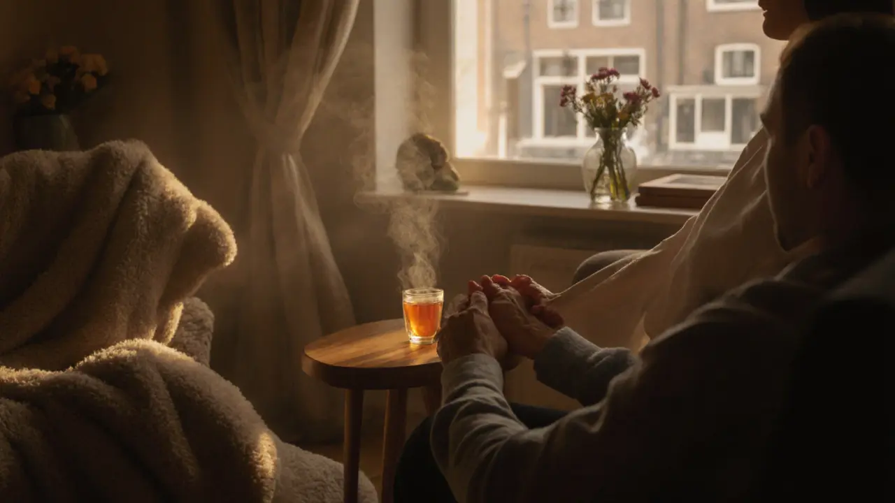 Aftercare scene met escort en klant, warme thee, deken en rustgevende sfeer na sessie.