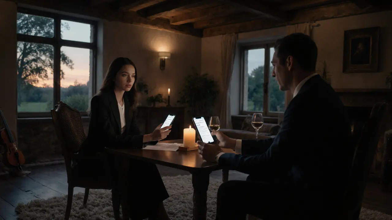 Avondafspraak: luxe villa, tafel bij kaarslicht, telefoons tonen escrow‑bevestiging.