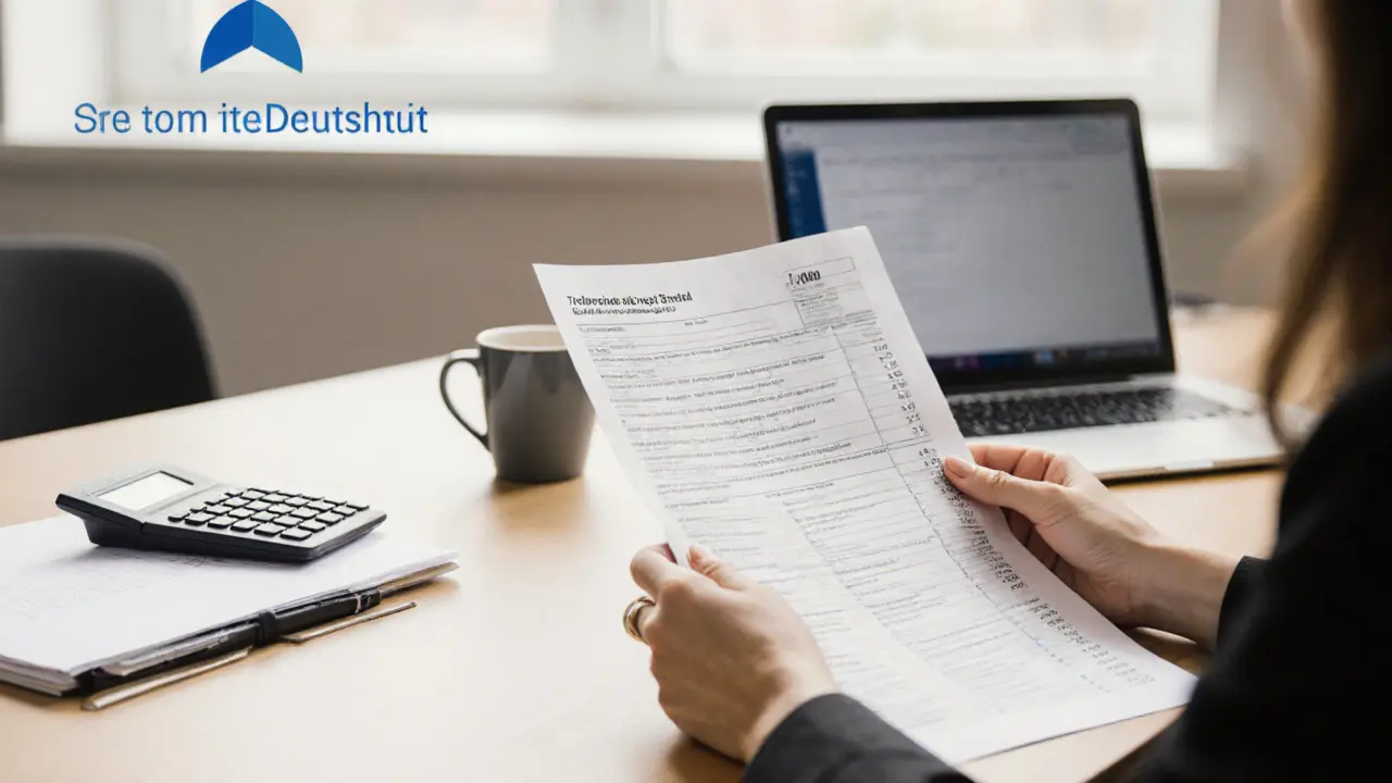 Bureau met belastingformulieren, rekenmachine en een hand van een callgirl die een formulier vasthoudt.