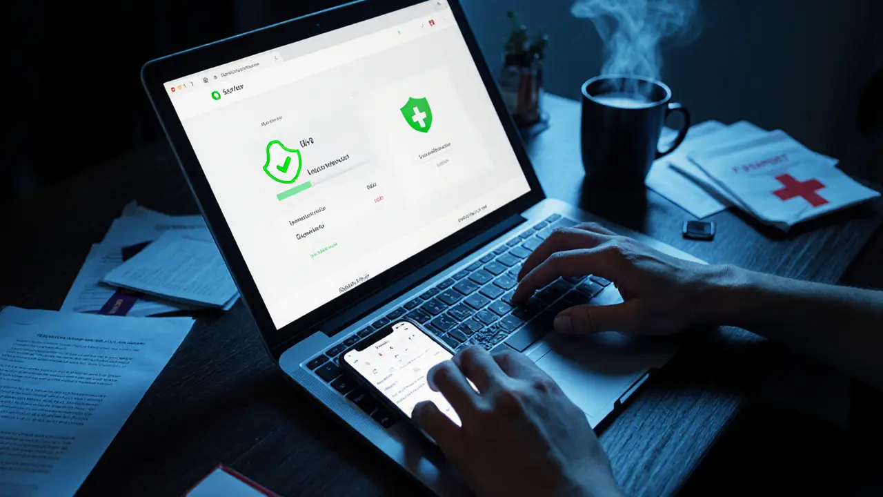 Close‑up van laptop en smartphone met beveiligde boekingsapp, symbolen voor controle en privacy.