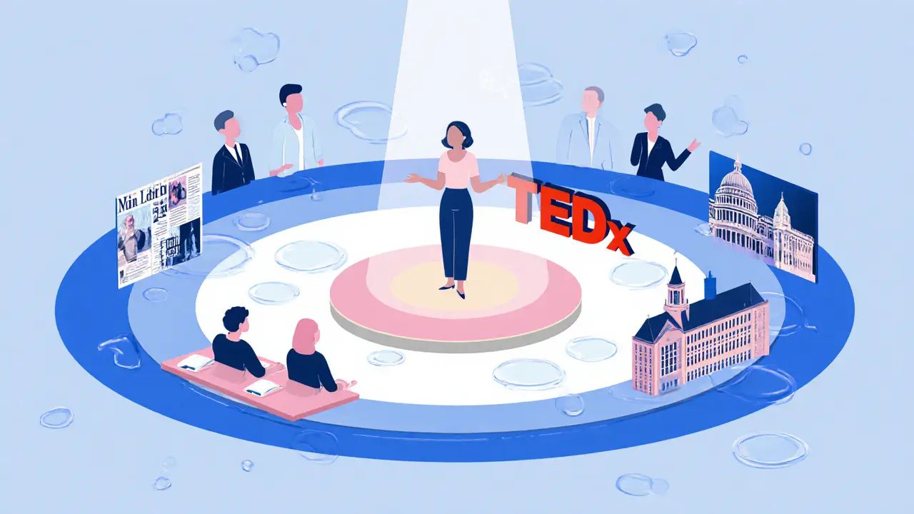 Conceptuele afbeelding van een callgirl die een TED‑x‑talk geeft, omringd door media, politici en jongeren.