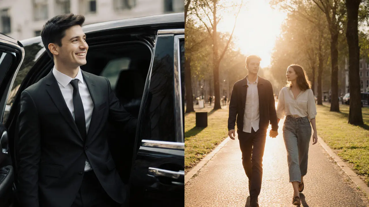 Contrastbeeld van een professional in een limousine met een escort naast een afgestudeerde die hand in hand in het park loopt.