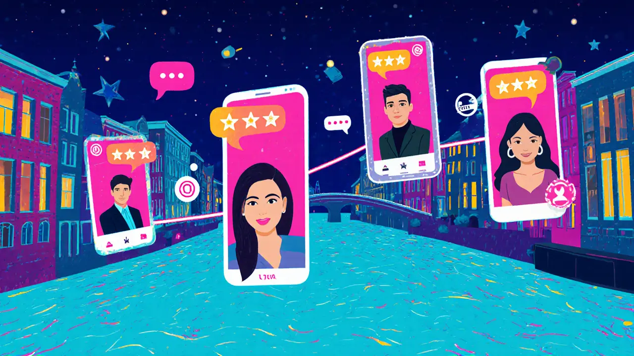 Digitale collage van een Amsterdams kanaal met app‑iconen, beoordelingen en silhouetten die online vraag naar callgirls tonen.