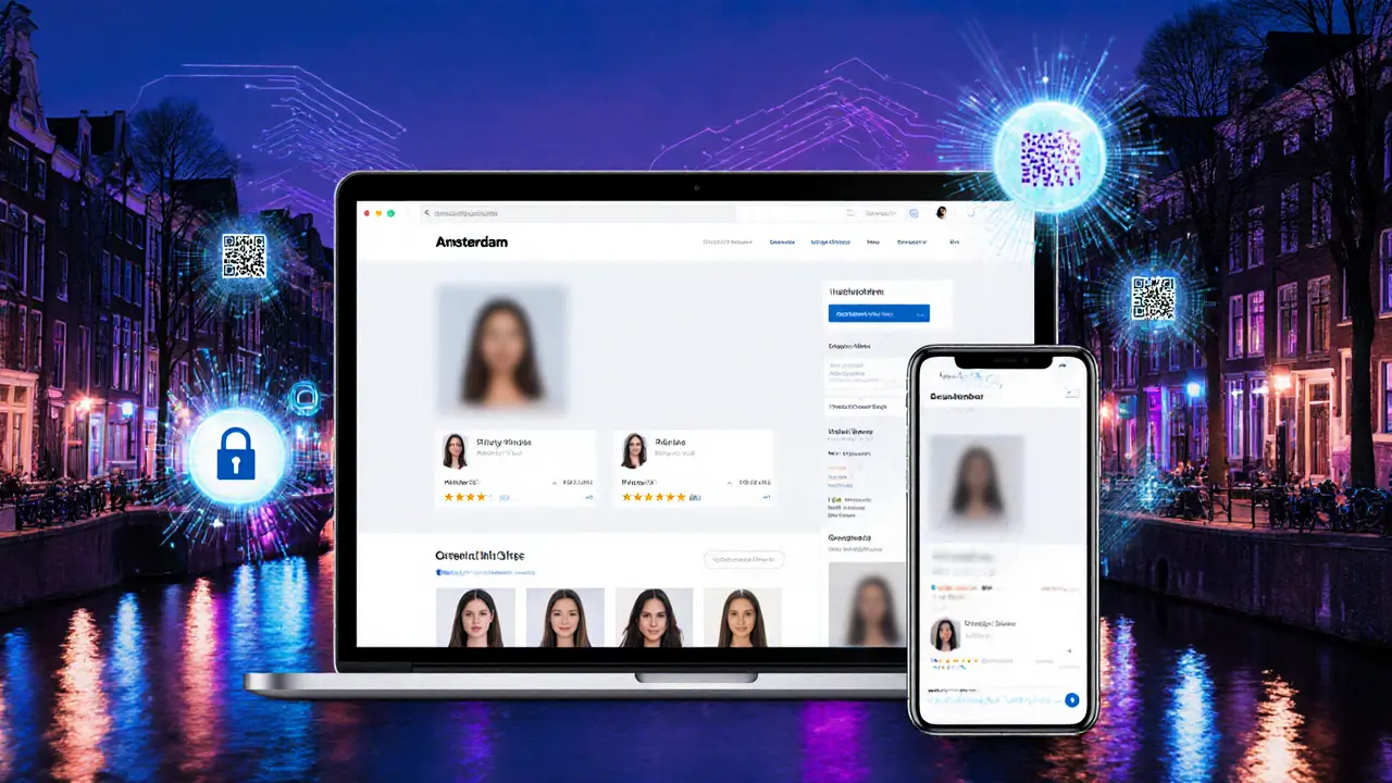 Digitale scène van een escort‑platform met neonverlichte Amsterdamse skyline.