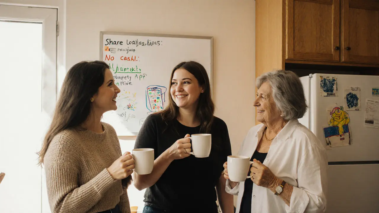 Drie vrouwen in keuken met veiligheidswhiteboard en kindertekening, ondersteuning.