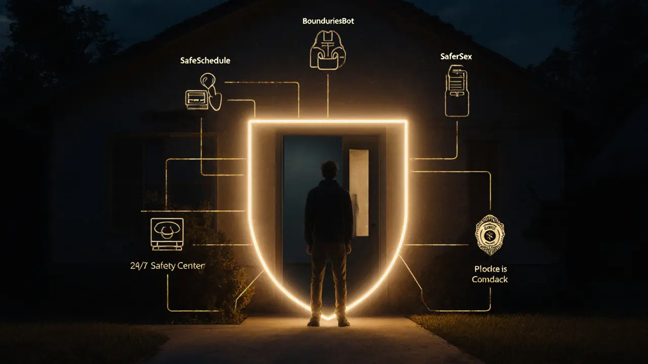 Een beschermend lichtnetwerk omringt een sexwerker, symboliserend hoe technologie veiligheid biedt.