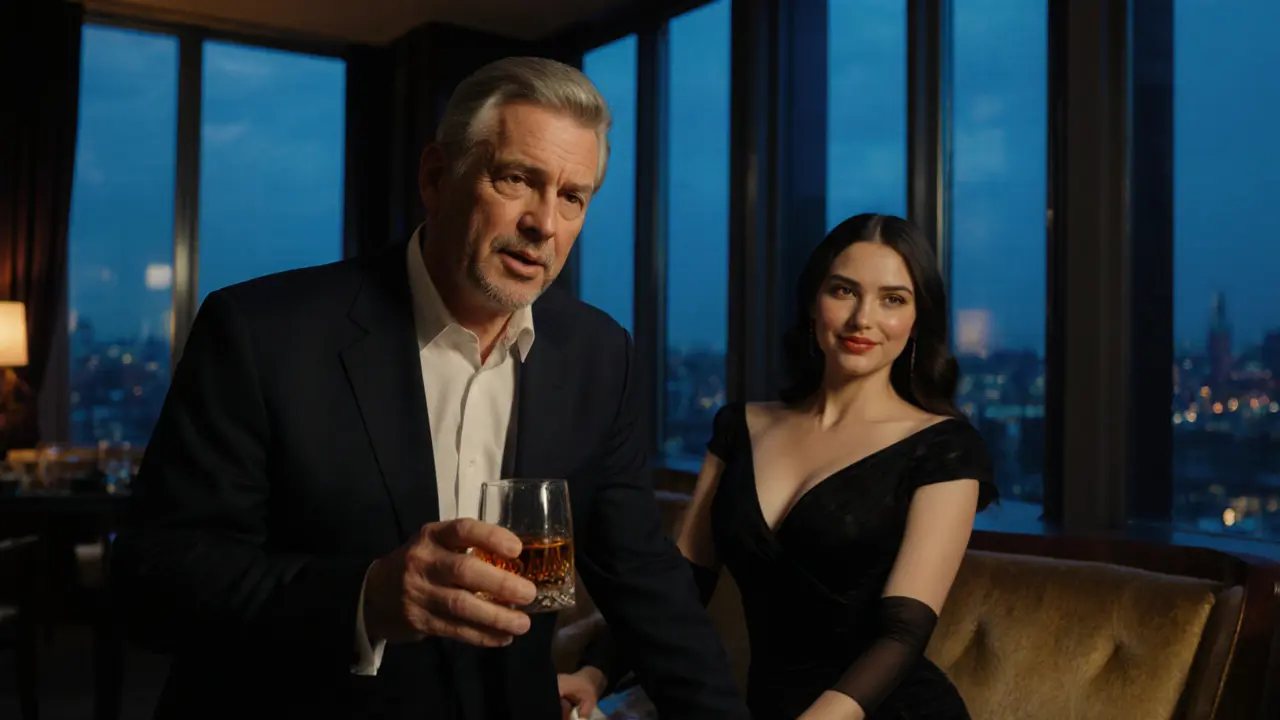 Een chique lounge met een goed geklede klant en een elegante callgirl, waar macht en status zichtbaar zijn.