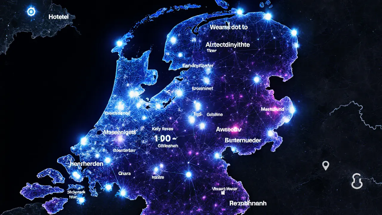 Een digitale kaart van Nederland met gloeiende punten waar sporters verblijven en escortdiensten actief zijn.