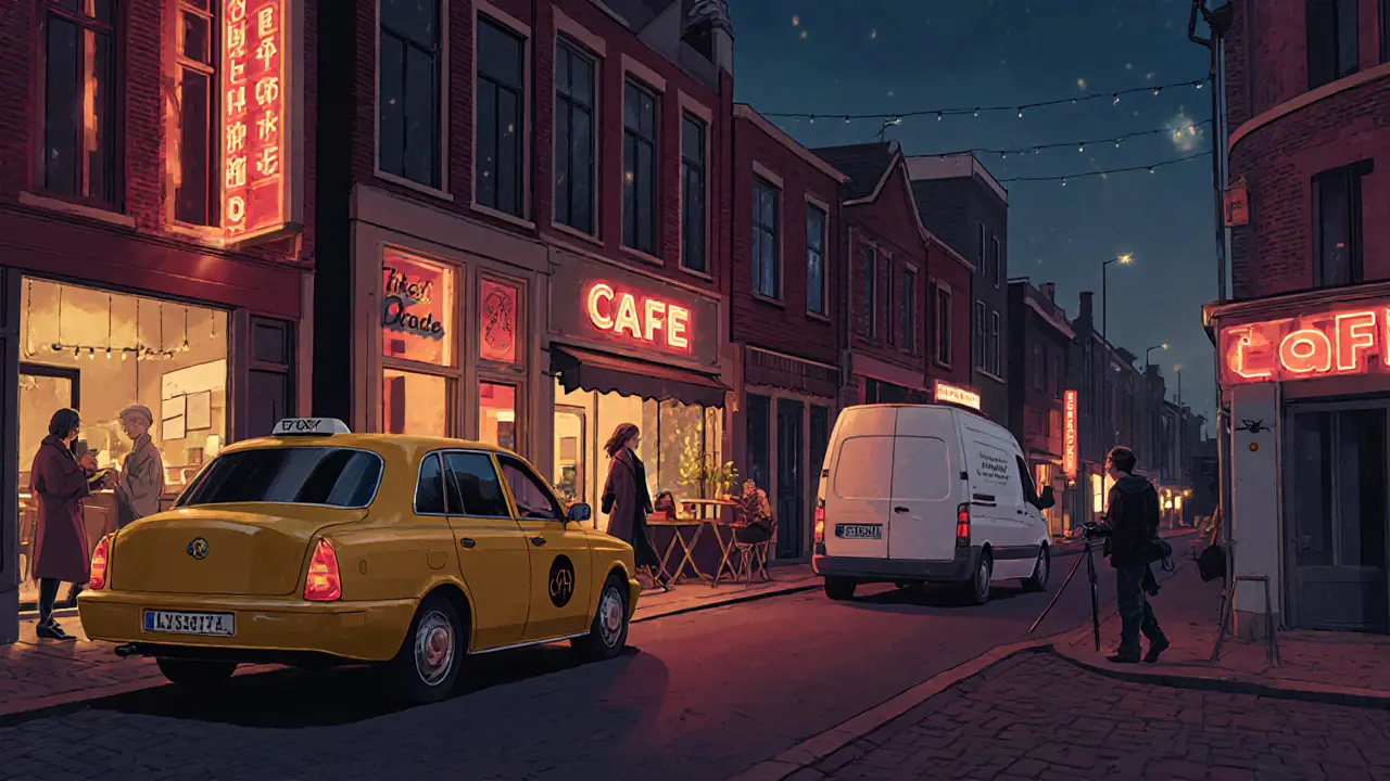 Een levendige straat in Rotterdam met lokale bedrijven die profiteren van de escortsector.