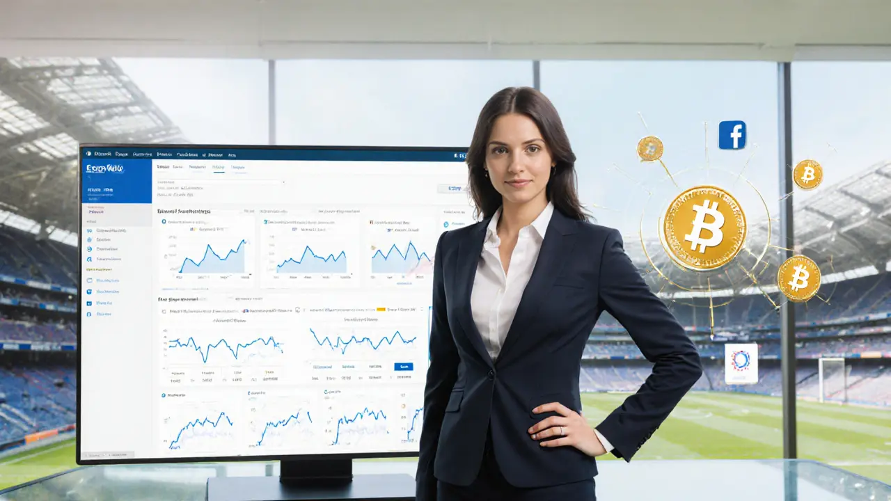 Een vrouw in een pak voor een moderne website met analytics, symboliserend professioneel zelfstandig werk.