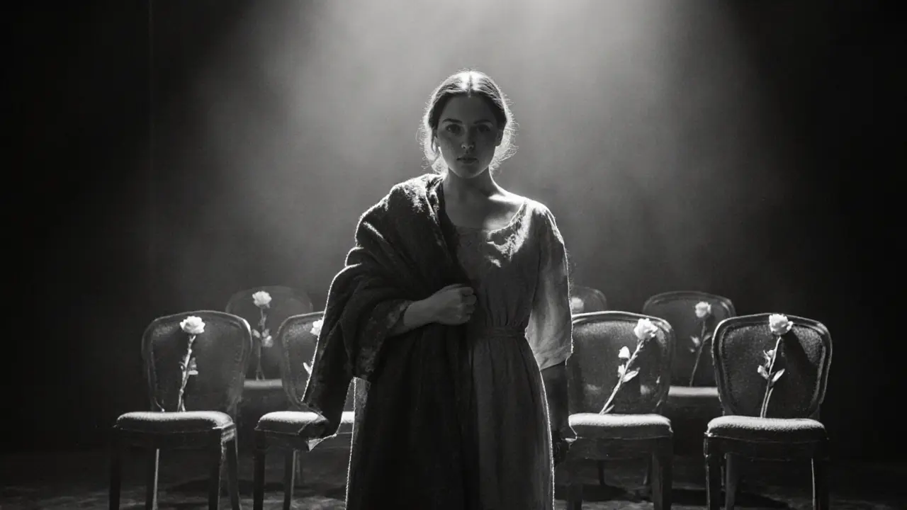 Een vrouw staat alleen op een theaterpodium, verlicht door een spot, met tien lege stoelen en rozen eromheen.