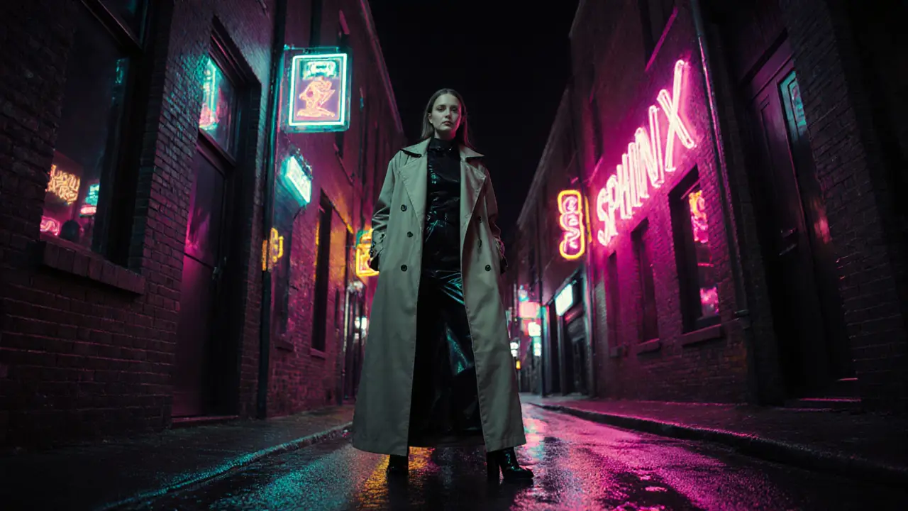 Escort poseert in een neon‑verlichte steeg met een glanzende trenchcoat.