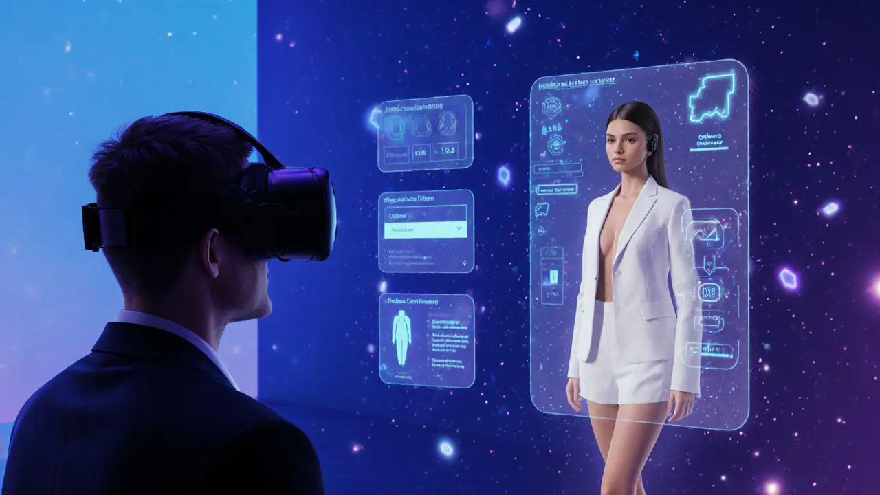 Futuristisch VR‑ontmoeting tussen klant en digitale avatar van een callgirl.
