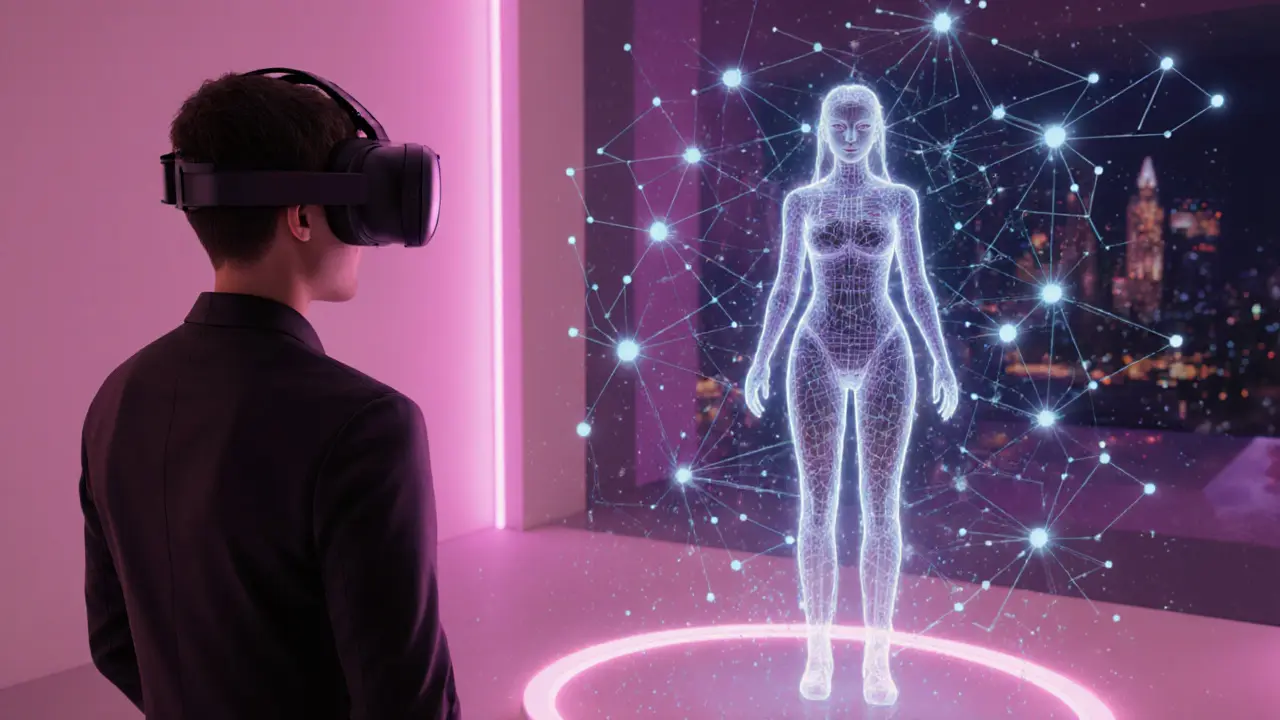 Futuristische VR‑escortervaring met holografische avatar en AI‑grafieken.