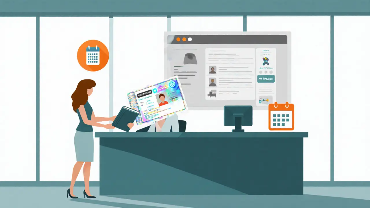 Gemeente registratiebalie met identiteitscontrole en digitaal platform op scherm.