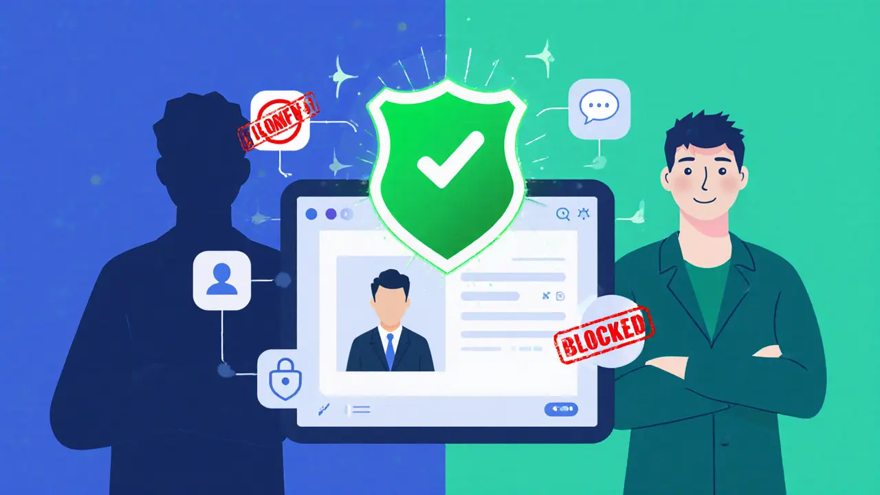 Geverifieerd profiel met groene vlag op een tablet, vergeleken met een geblokkeerde onbekende.