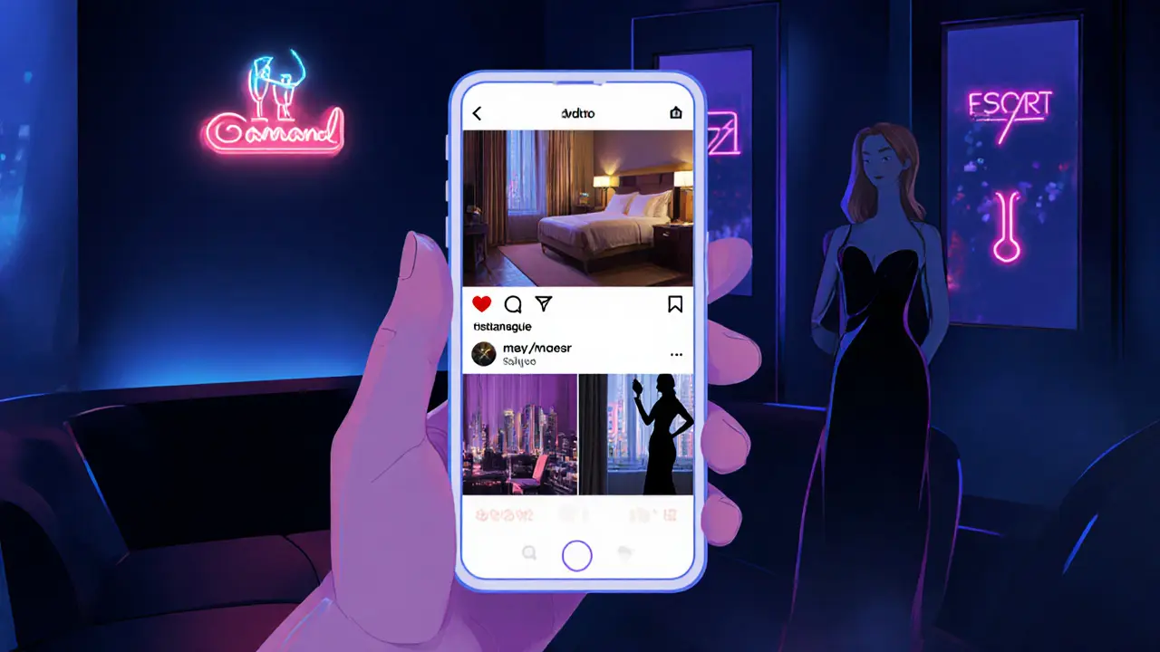Hand met smartphone toont Instagram‑feed van glamoureus nachtleven, suggererend vraag naar escortservices.