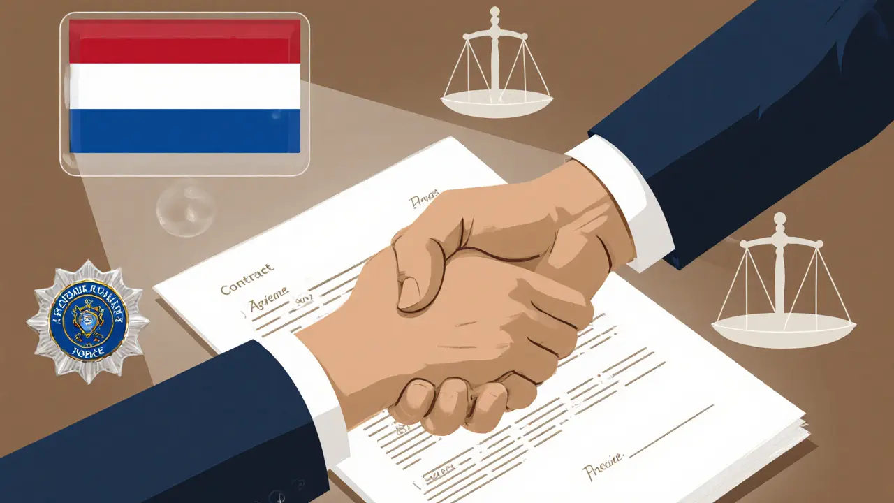 Handdruk tussen klant en provider met contract en politiebadge op de achtergrond.