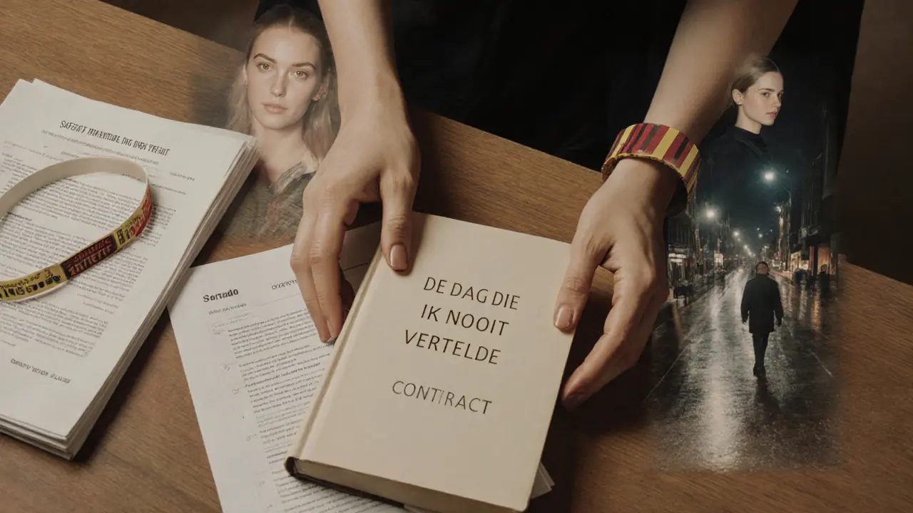 Handen leggen een boek neer naast een contract en een veiligheidswristband, met vage silhouetten van verschillende rollen in de achtergrond.