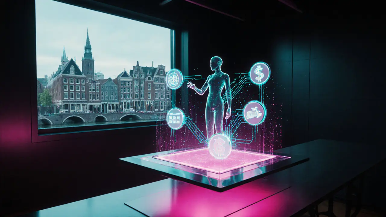 Holografisch AI‑dashboard met blockchain‑iconen in futuristische kantooromgeving.