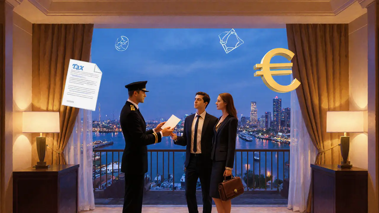 Hotelreceptie waar een conciërge een discreet boekingsverzoek behandelt.