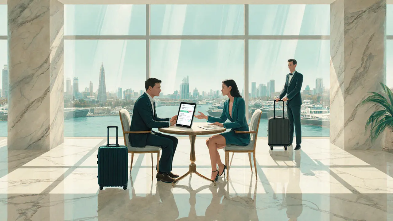 Hotelreceptie waar een reiziger discreet een ontmoeting heeft, met achtergronduitgaven.