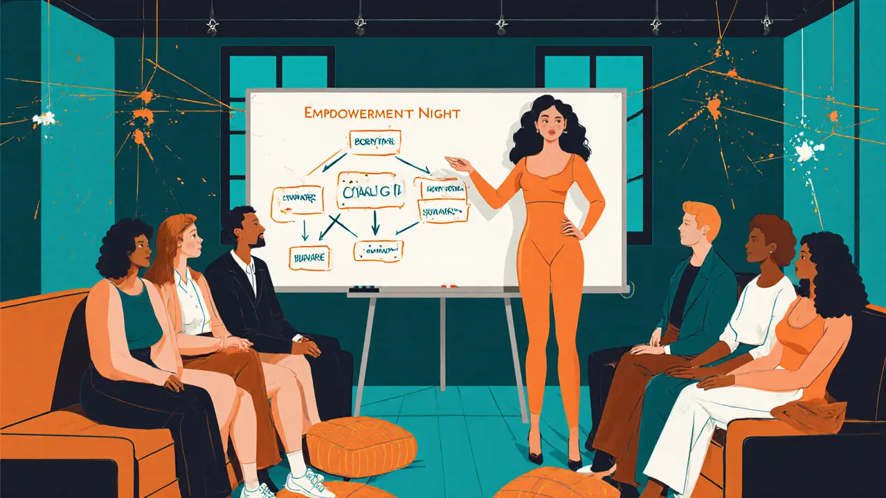 Illustratie van een empowerment‑workshop waarbij een callgirl een groep diverse deelnemers lesgeeft in een loft.