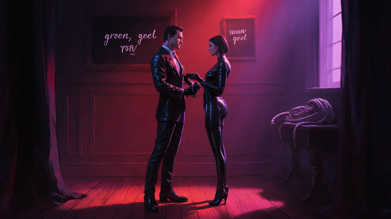 Intieme kamer met zwarte leren outfits, rode lichten, veiligheidsbord en touw voor consensuele rollenspel.