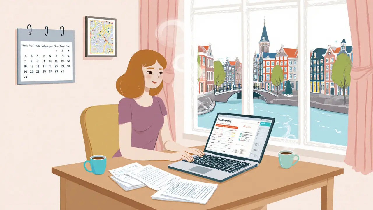 Middagadministratie: laptop, boekhoudsoftware, papieren en koffie bij raam met grachten.