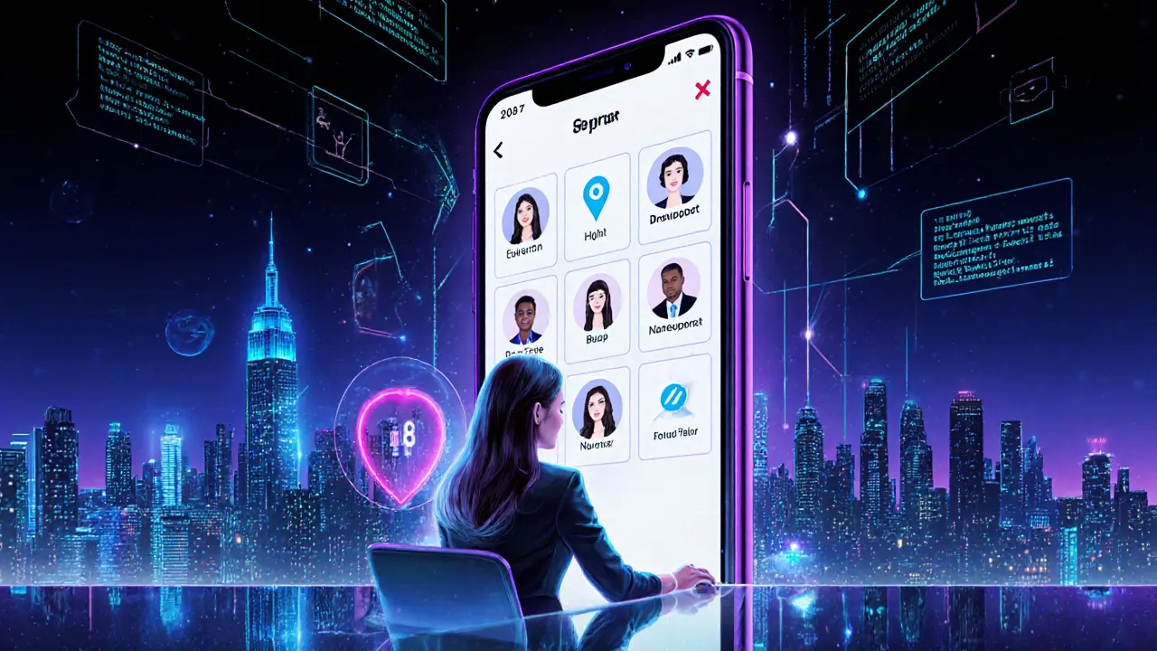 Moderne digitale escortplatforms op schermen, neonachtergrond en stadssilhouet.