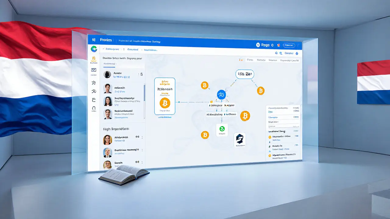 Moderne kantoor met digitale escortplatform, crypto‑symbolen en AI‑grafieken.