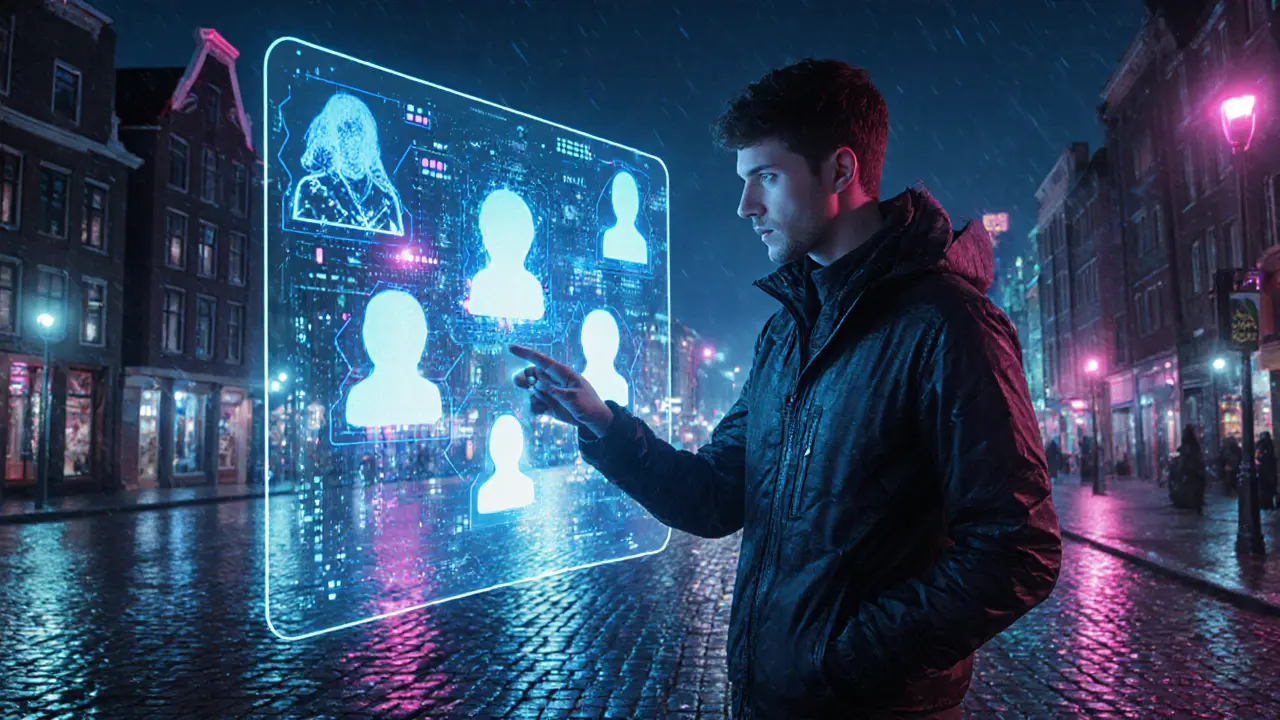 Reiziger bekijkt een holografisch AI‑platform voor escortboekingen in een futuristische omgeving.