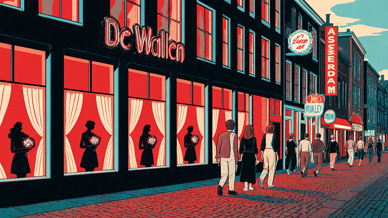 Retro poster van De Wallen met felgekleurde ramen en silhouetten van vrouwen.