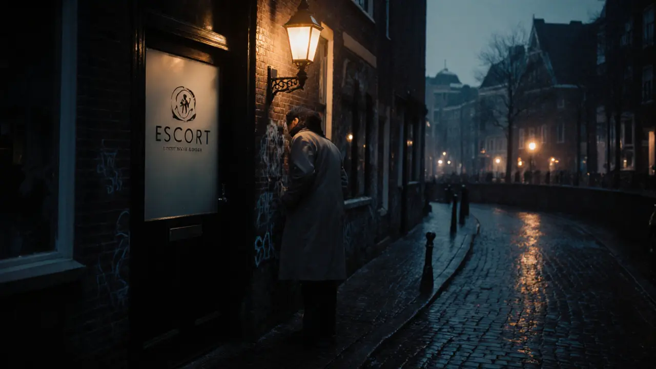 Schaduwfiguur achter discrete deur in natte Amsterdamse steeg, benadrukt stigma en privacy.