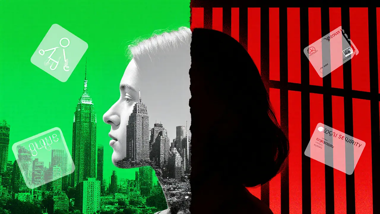 Silhouet van een callgirl verdeeld tussen een stadsgezicht en gevangenisbalken, met groene en rode tinten.