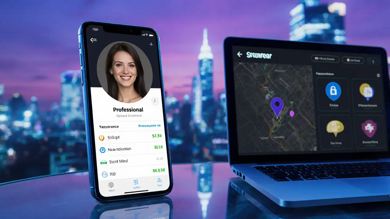 Smartphone met app‑profiel, laptop en kaart, avondstad op de achtergrond.