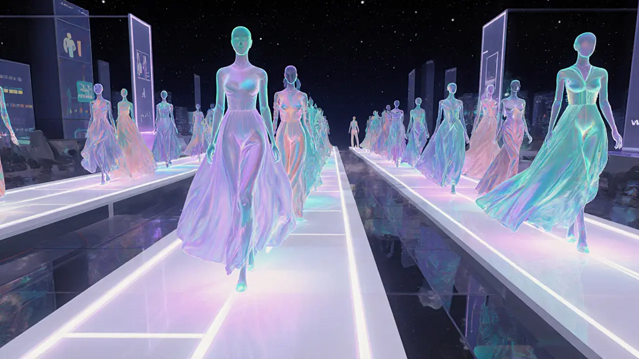 Virtuele avatar van een escort ontwerpt futuristische outfits op een cyber‑catwalk.