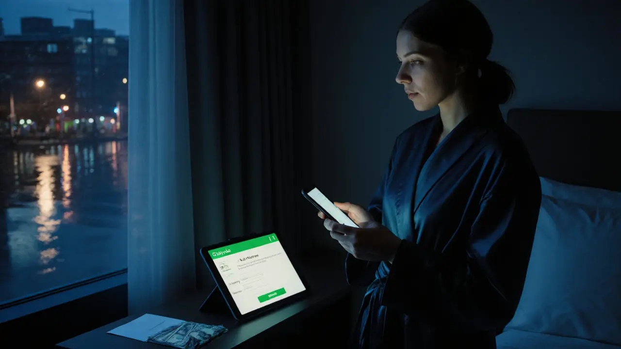 Vrouw in hotelkamer met veiligheidsapp en bankoverschrijving, stille autonomie.