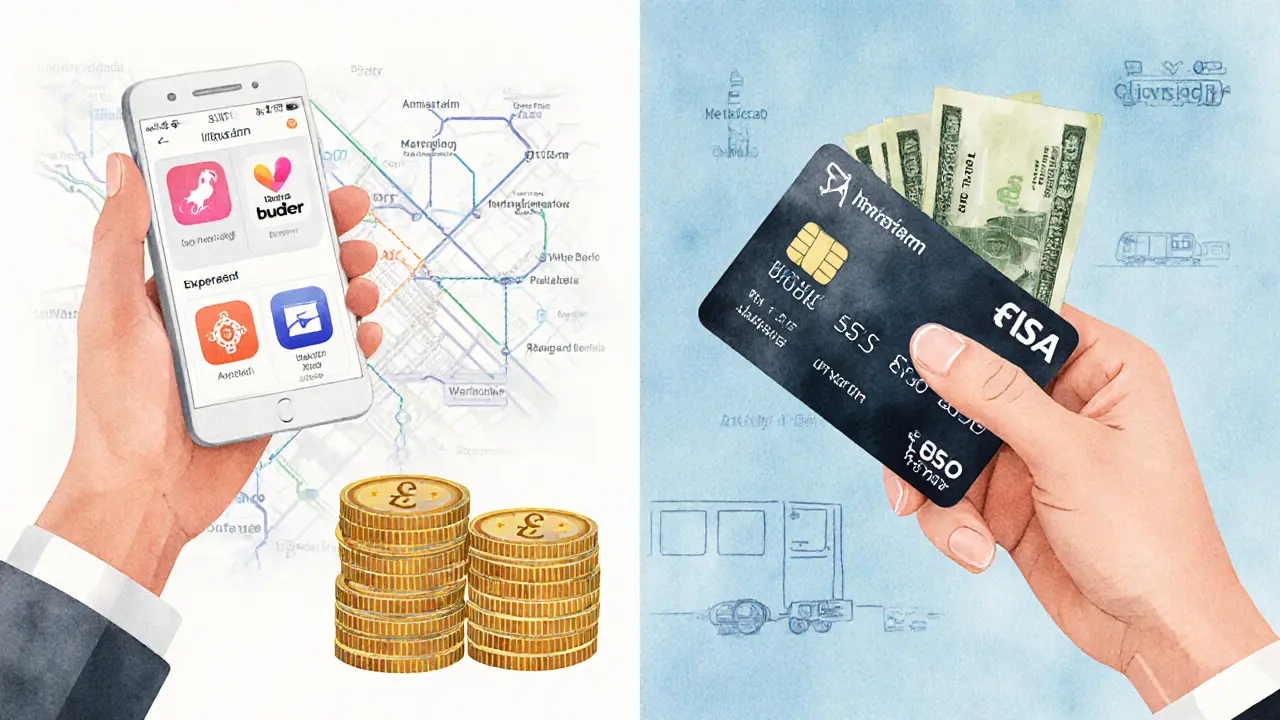 Waterverfschilderij toont twee handen: één met dating‑apps en weinig geld, de ander met creditcard en veel contanten.