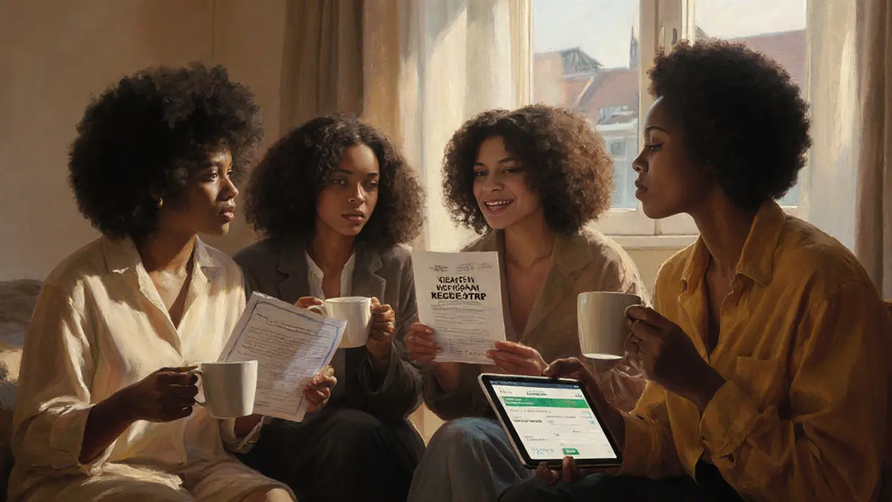 Diverse vrouwen in een zonnige kamer met gezondheids- en juridische documenten, op zoek naar bescherming.
