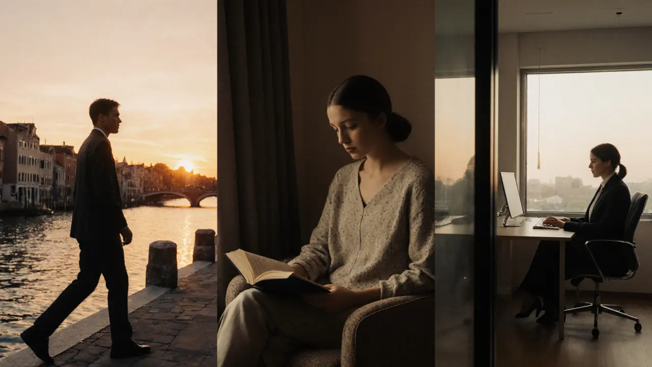 Drie mensen in verschillende setting, elk in een moment van verbinding met een escort, zonder woorden.