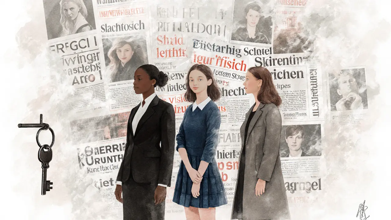 Drie silhouetten van vrouwen met media-headlines als achtergrond, symboliseren stereotypen.