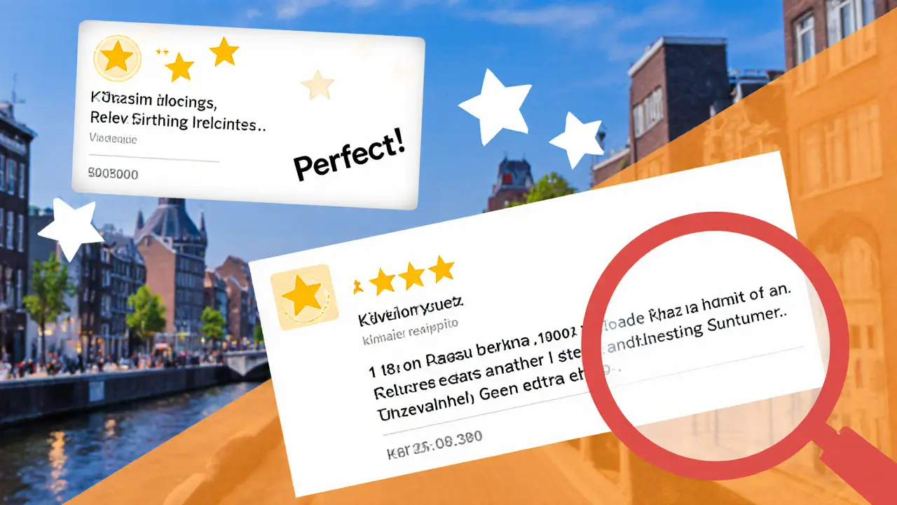 Drie soorten beoordelingen visueel vergeleken: nep, gecopieerd en authentiek.