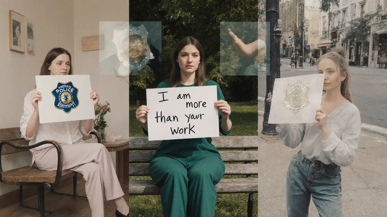 Drie vrouwen in verschillende omgevingen houden een bord met &#039;Ik ben meer dan mijn werk&#039;.