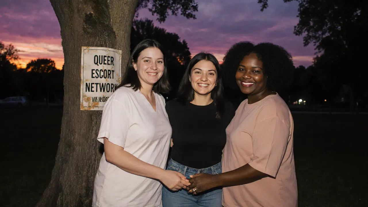 Drie vrouwen staan hand in hand in een park bij schemer, in een moment van verbinding en veiligheid.