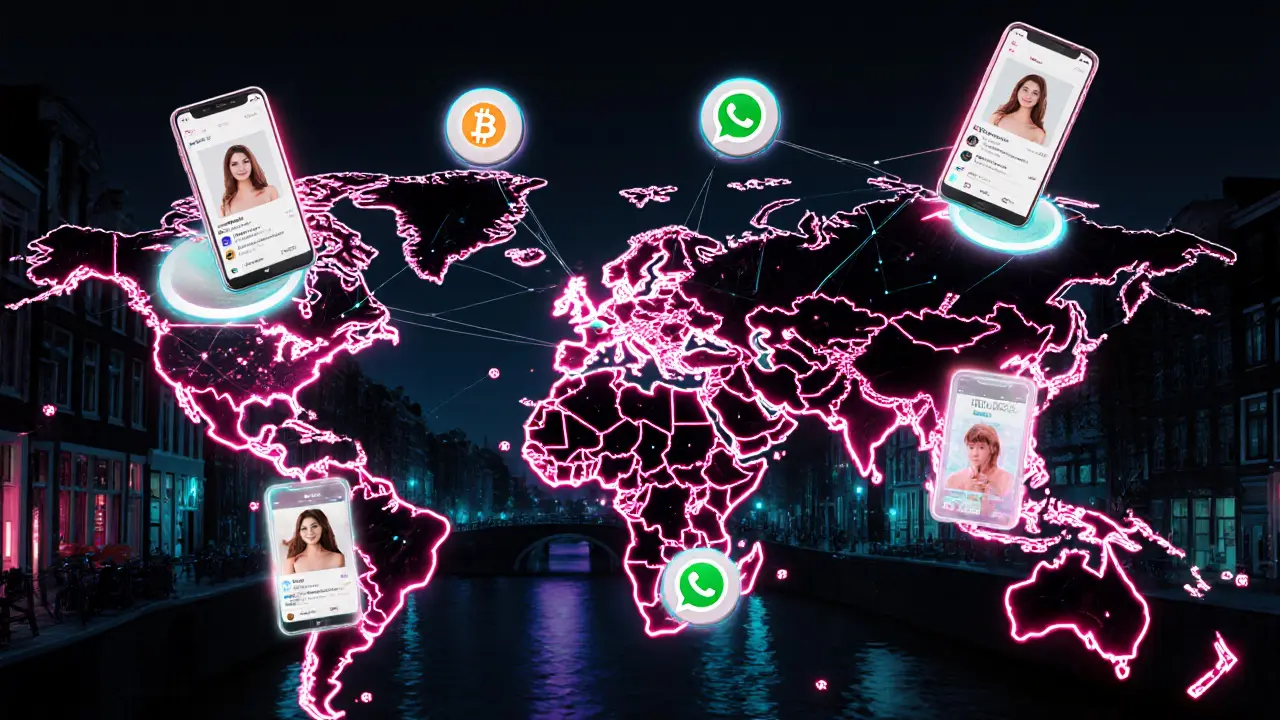 Een digitaal netwerk van vrouwen uit verschillende landen verbonden door datastralen over een kaart van Europa.