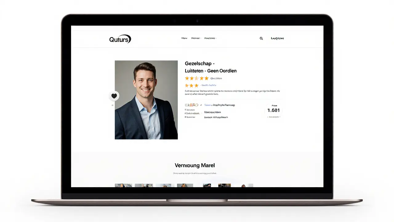 Een discret profiel op een laptop scherm met tekst over gezelschap en luisteren, zonder expliciete beelden, rustige, professionele uitstraling.