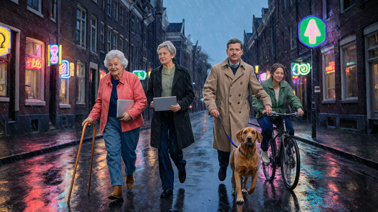 Een divers team van escorts in verschillende leeftijden en geslachten wandelt door een regenachtige Nederlandse straat.