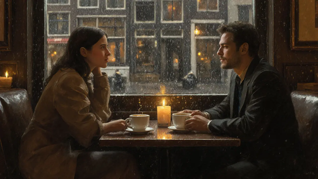 Een escort en cliënt genieten van een rustige koffie in een Amsterdamse café.