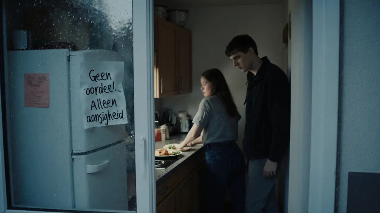 Een escortvrouw bereidt een maaltijd voor in een kleine keuken, terwijl een LGBTQ+ klant toekeek.